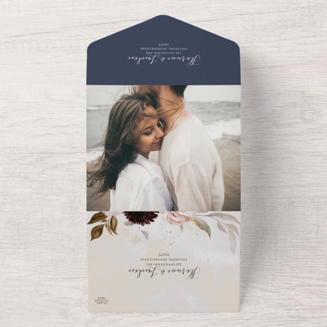 Modern Floral | Photo Navy Marble Seal And Send All In One Invitation (Outside)