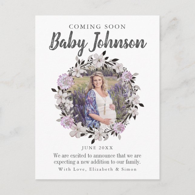 Modern Floral Photo Pregnancy Announcement (Front)
