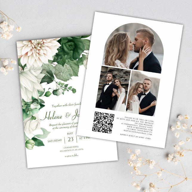 Modern Floral Photo QR Code Emerald Green Wedding Invitation (Modern Floral Photo QR Code Emerald Green Wedding Invitation)