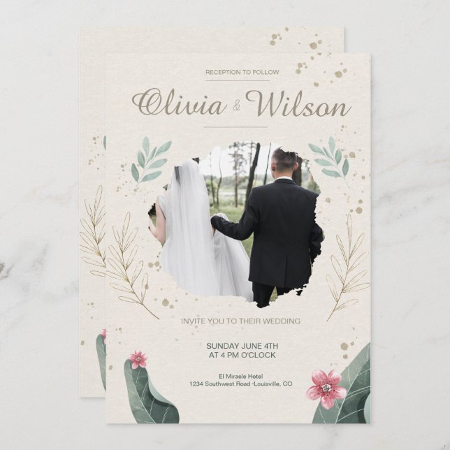 Modern Floral Photo Rustic Wedding Invitation (Front/Back)