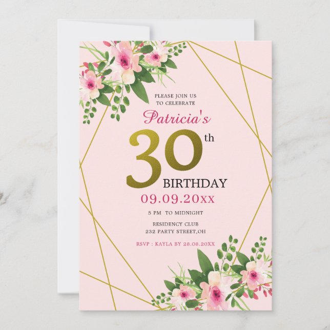 Modern Floral Pink And Gold 30th Birthday Invitation (Front)