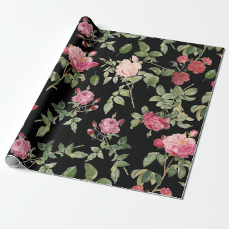 Modern Floral Pink Black Rose Wrapping Paper