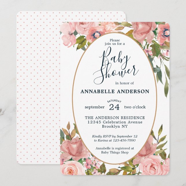 Modern Floral Pink Blush Gold Garden Baby Shower Invitation (Front/Back)