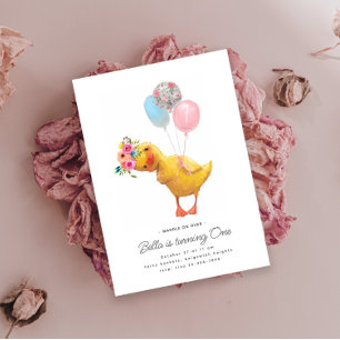 Modern Floral Pink Duck Birthday Party Invitation