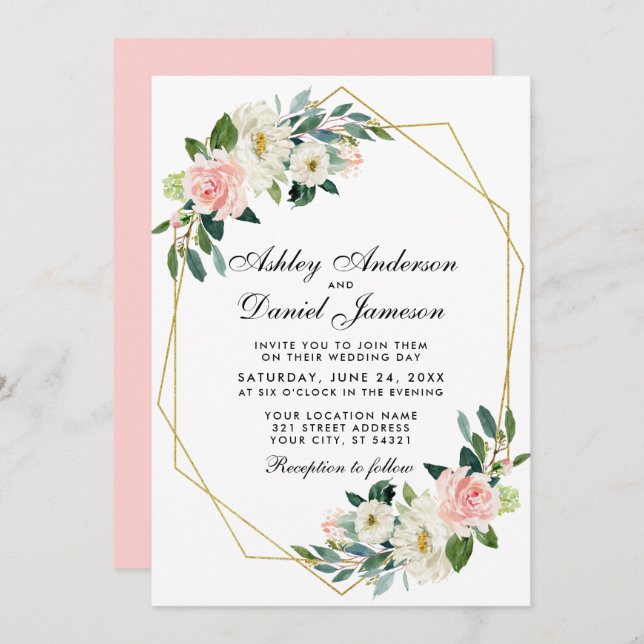 Modern Floral Pink Gold Geometric Frame Wedding Pk Invitation (Front/Back)