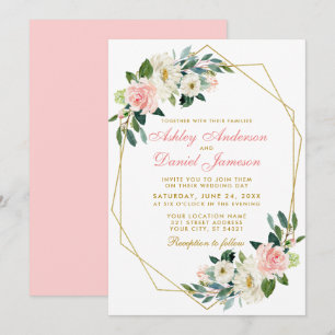 Modern Floral Pink Gold Geometric Frame Wedding Pk Invitation