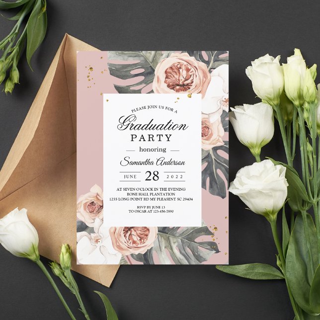 Modern Floral Pink & Green Tropical Leaf & Orchid Invitation (Creator Uploaded)