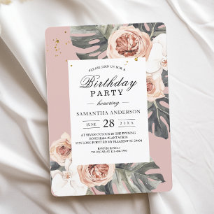 Modern Floral Pink & Green Tropical Leaf & Orchid Invitation
