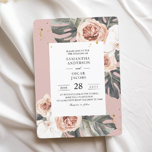 Modern Floral Pink & Green Tropical Leaf & Orchid Invitation