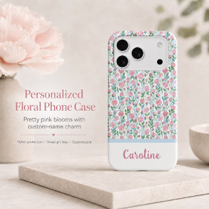 Modern Floral Pink Roses Name Monogram Girly