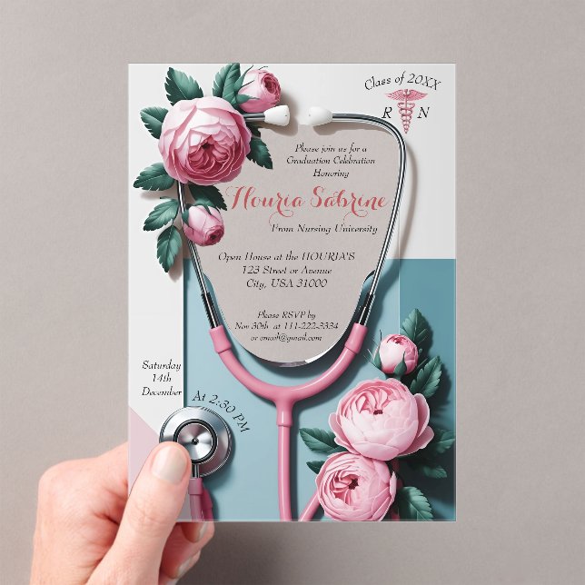 Modern Floral Pink Roses Stethoscope Graduation Acrylic Invitations (Insitu (Handheld))
