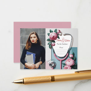 Modern Floral Pink Roses Stethoscope Graduation Enclosure Card