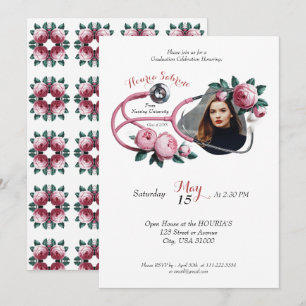 Modern Floral Pink Roses Stethoscope Graduation  Invitation