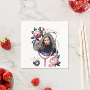 Modern Floral Pink Roses Stethoscope Graduation Napkin