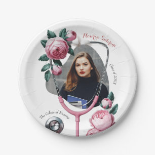 Modern Floral Pink Roses Stethoscope Graduation Paper Plate