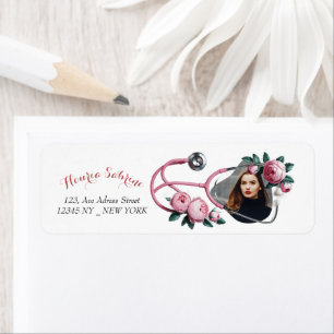 Modern Floral Pink Roses Stethoscope Graduation Return Address Label