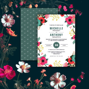 Modern Floral Pink Teal Custom Wedding Invitations