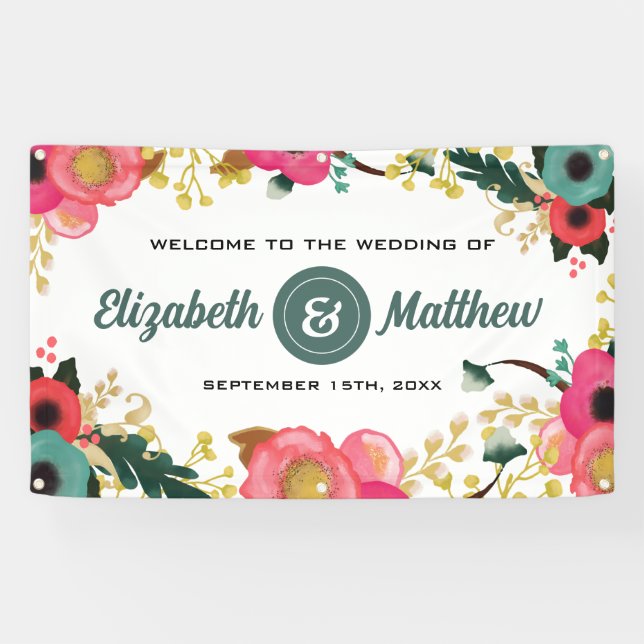 Modern Floral Pink Teal Large Wedding Banner (Horizontal)