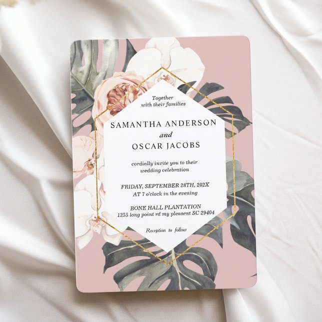 Modern Floral Pink Tropical Leaves & Orchid  Invitation (Creator Uploaded)