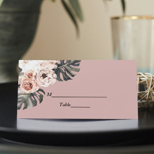 Modern Floral Pink Tropical Leaves & Orchid  Place Card