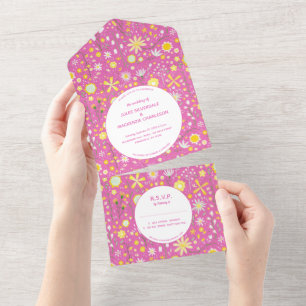 Modern Floral Pink Wedding All In One Invitation
