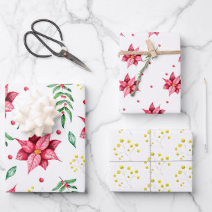 Modern Floral Poinsettia Watercolor Christmas Wrapping Paper Sheet