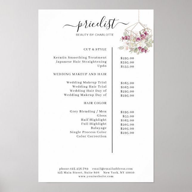 Modern, floral price list Poster (Front)
