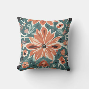 Modern Floral Print in Orange, White, Black, Teal Cushion