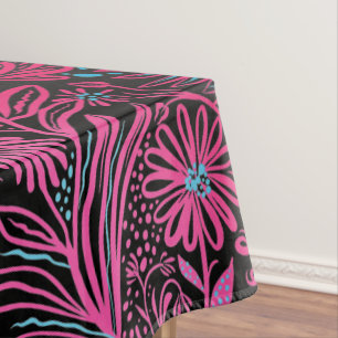 Modern   FLORAL print   Pink on Black Tablecloth