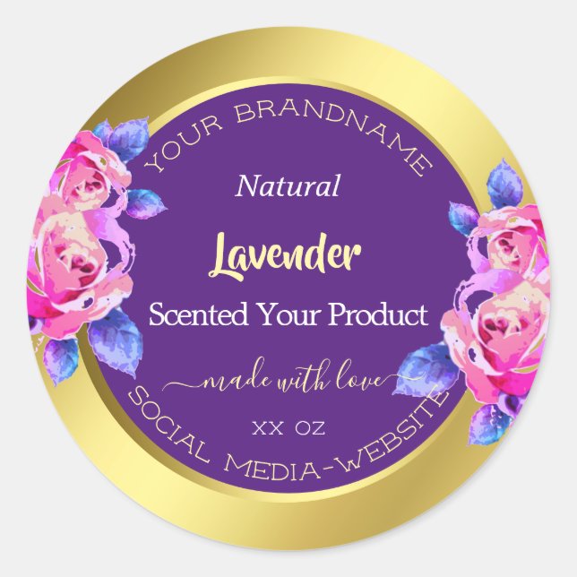 Modern Floral Product Packaging Labels Gold Purple (Front)