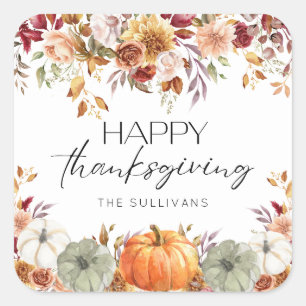 Modern Floral Pumpkin Rustic Happy Thanksgiving Square Sticker