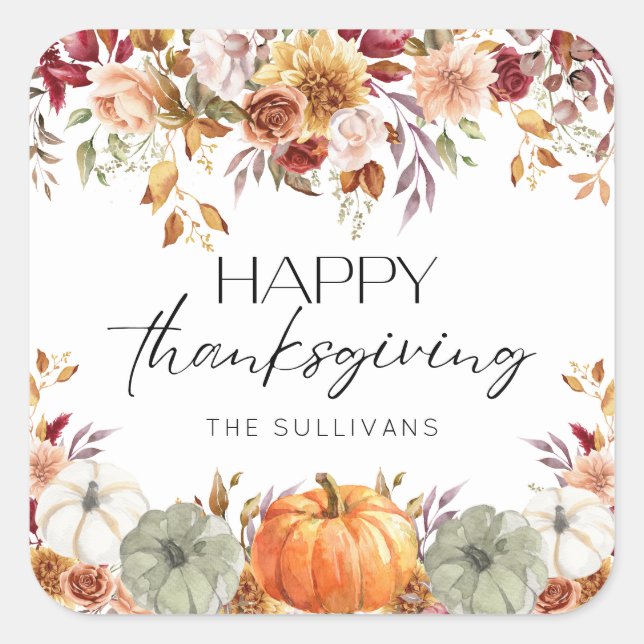 Modern Floral Pumpkin Rustic Happy Thanksgiving  Square Sticker (Front)