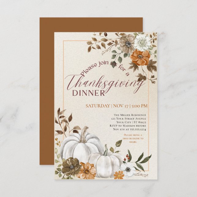 Modern Floral Pumpkin Thanksgiving Dinner  Invitation (Front/Back)