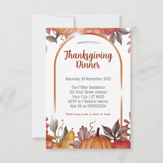 Modern Floral Pumpkin Thanksgiving Dinner Invitation (Front)
