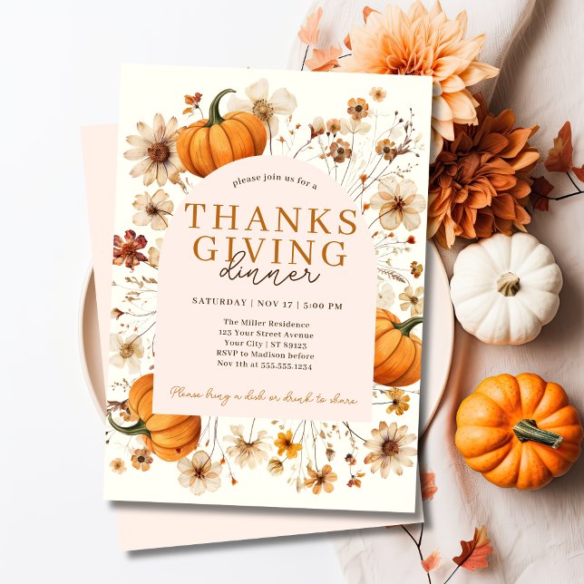 Modern Floral Pumpkin Thanksgiving Dinner Invitation (Modern Floral Pumpkin Thanksgiving Dinner Invitation)