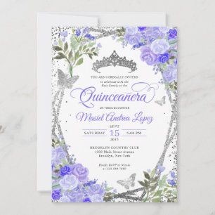 Modern Floral Purple Glam Silver Tiara Quinceañera Invitation