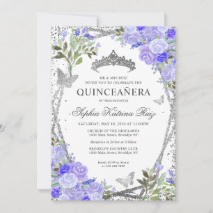 Modern Floral Purple Glam Silver Tiara Quinceañera Invitation