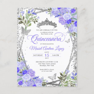 Modern Floral Purple Glam Silver Tiara Quinceañera Postcard