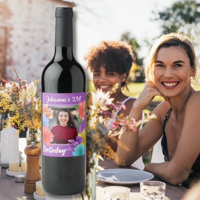 Modern Floral Purple Happy 21st Birthday Photo Wine Label (Creator Uploaded)