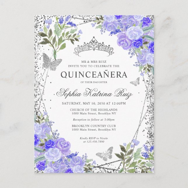 Modern Floral Purple Silver Grey Tiara Quinceañera Postcard (Front)