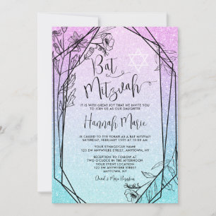 Modern Floral Purple Teal Faux Glitter Bat Mitzvah Invitation