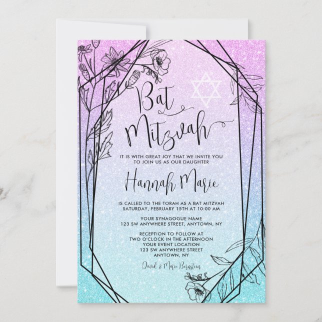 Modern Floral Purple Teal Faux Glitter Bat Mitzvah Invitation (Front)