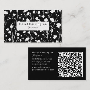 Modern Floral QR Business Card Black and White