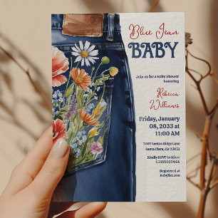 Modern Floral Red Blue Denim Blue Jean Baby Shower Invitation