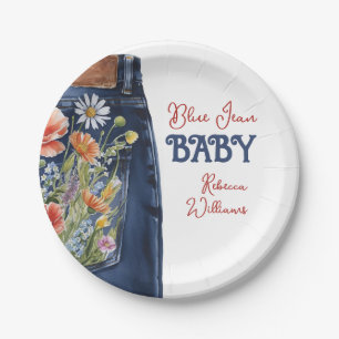 Modern Floral Red Blue Denim Blue Jean Baby Shower Paper Plate