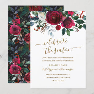 Modern Floral Red Burgundy Gold Holiday Party Invitation