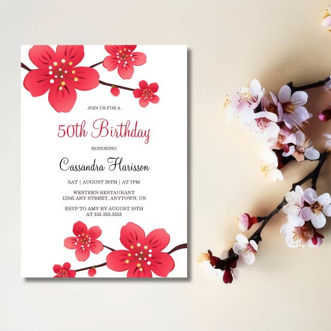 Modern Floral Red Cherry Blossom Sakura Birthday Invitation (Creator Uploaded)
