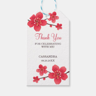 Modern Floral Red Cherry Blossom Sakura Thank You Gift Tags