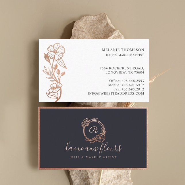 Modern Floral Rose Gold Monogram Wreath Black Business Card (Creator Uploaded)