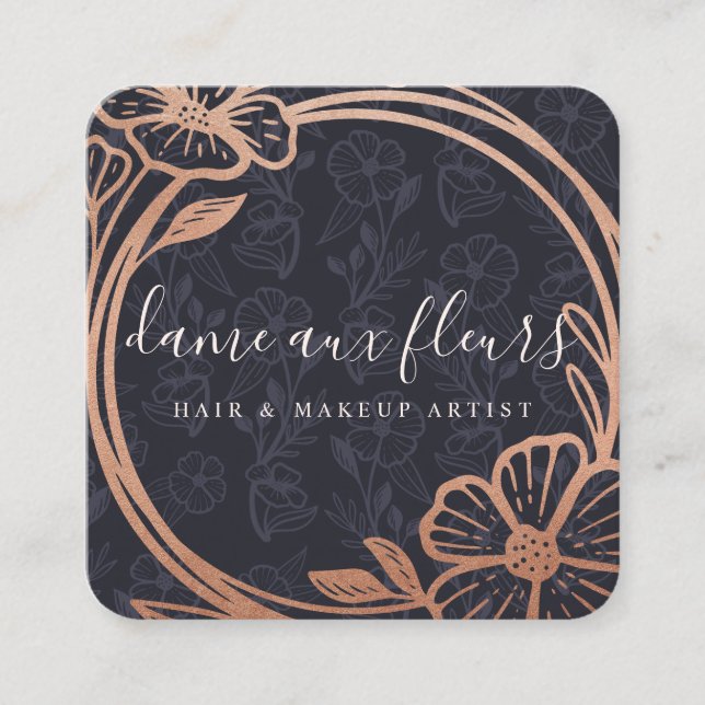 Modern Floral Rose Gold Wreath Black & Rose Gold Square Business Card (Front)
